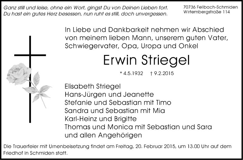 Traueranzeige für Erwin Striegel vom 16.02.2015 aus Stuttgarter Zeitung / Stuttgarter Nachrichten