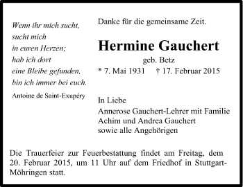 Traueranzeige von Hermine Gauchert von Stuttgarter Zeitung / Stuttgarter Nachrichten