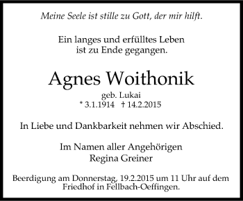 Traueranzeige von Agnes Woithonik von Stuttgarter Zeitung / Stuttgarter Nachrichten