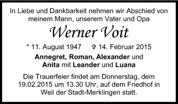 Traueranzeige von Werner Voit von Stuttgarter Zeitung / Stuttgarter Nachrichten