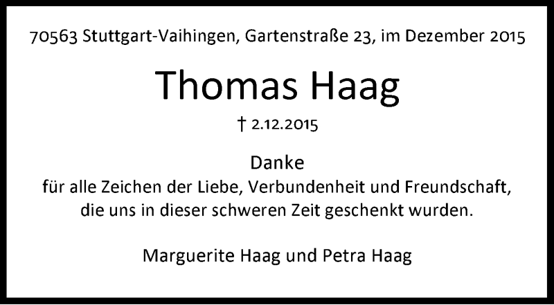  Traueranzeige für Thomas Haag vom 28.12.2015 aus Stuttgarter Zeitung / Stuttgarter Nachrichten