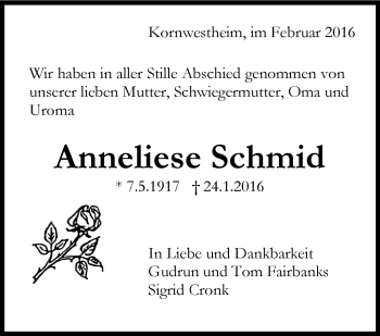 Traueranzeige von Anneliese Schmid von Stuttgarter Zeitung / Stuttgarter Nachrichten