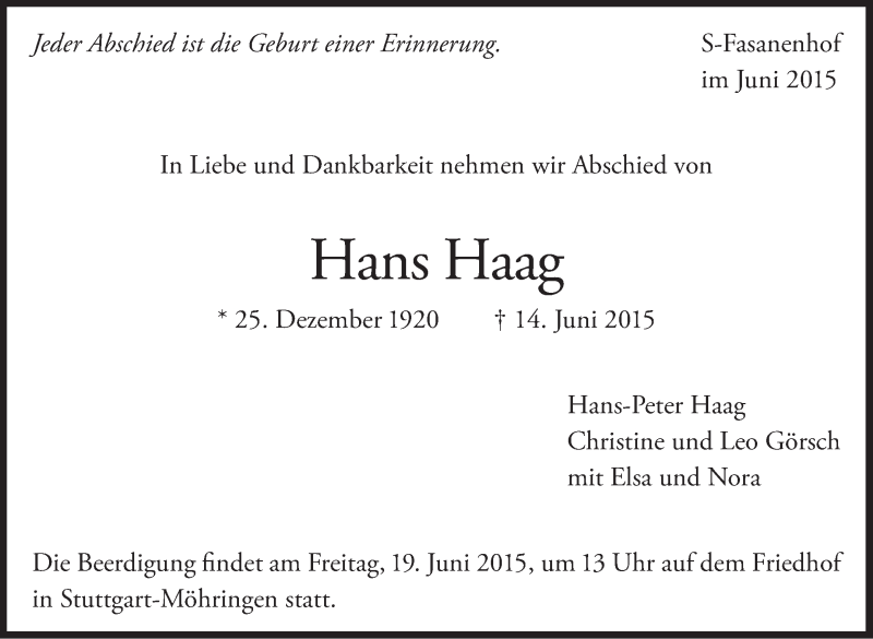  Traueranzeige für Hans Haag vom 17.06.2015 aus Stuttgarter Zeitung / Stuttgarter Nachrichten