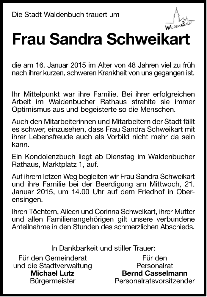 Traueranzeige für Sandra Schweikart vom 19.01.2015 aus Stuttgarter Zeitung / Stuttgarter Nachrichten