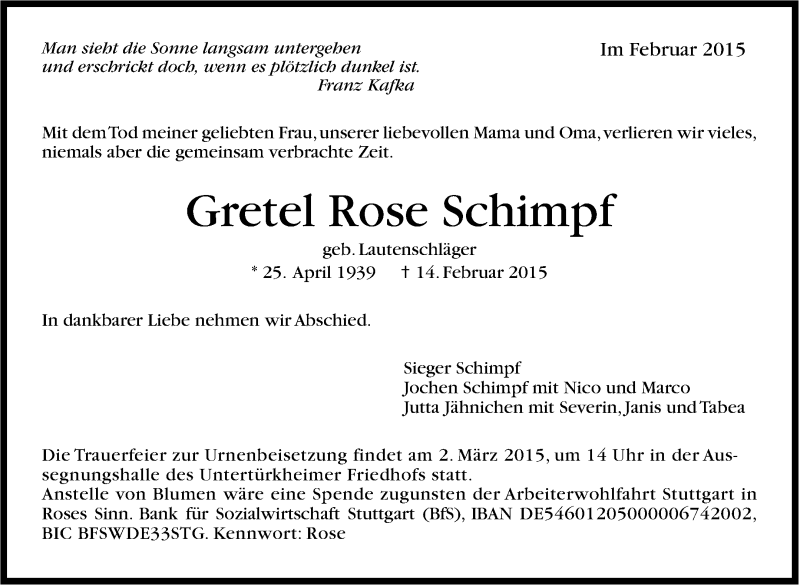  Traueranzeige für Gretel Rose Schimpf  vom 26.02.2015 aus Stuttgarter Zeitung / Stuttgarter Nachrichten