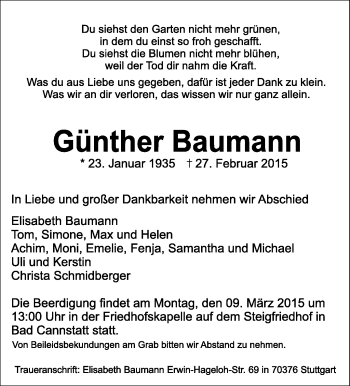 Traueranzeige von Günther Baumann von Stuttgarter Zeitung / Stuttgarter Nachrichten