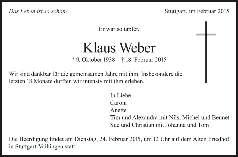  Traueranzeige für Klaus Weber vom 21.02.2015 aus Stuttgarter Zeitung / Stuttgarter Nachrichten