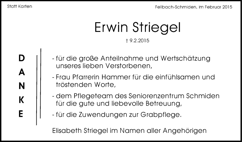  Traueranzeige für Erwin Striegel vom 26.02.2015 aus Stuttgarter Zeitung / Stuttgarter Nachrichten