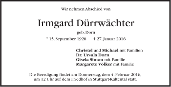 Traueranzeige von Irmgard Dürrwächter von Stuttgarter Zeitung / Stuttgarter Nachrichten