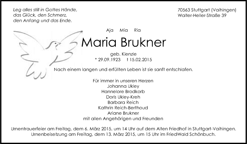  Traueranzeige für Maria Brukner vom 28.02.2015 aus Stuttgarter Zeitung / Stuttgarter Nachrichten