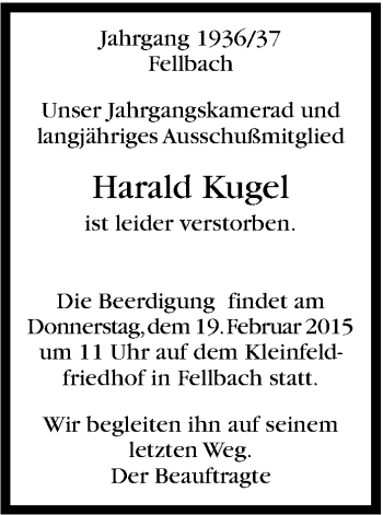 Traueranzeige von Harald Kugel von Stuttgarter Zeitung / Stuttgarter Nachrichten