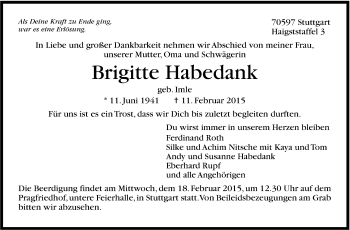 Traueranzeige von Brigitte Habedank von Stuttgarter Zeitung / Stuttgarter Nachrichten