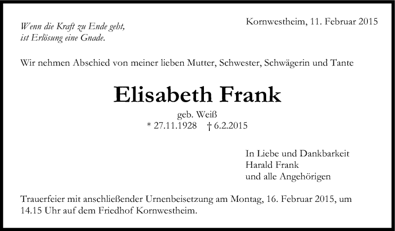  Traueranzeige für Elisabeth Frank vom 11.02.2015 aus Stuttgarter Zeitung / Stuttgarter Nachrichten