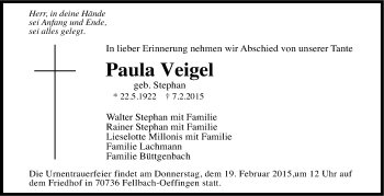 Traueranzeige von Paula Veigel von Stuttgarter Zeitung / Stuttgarter Nachrichten