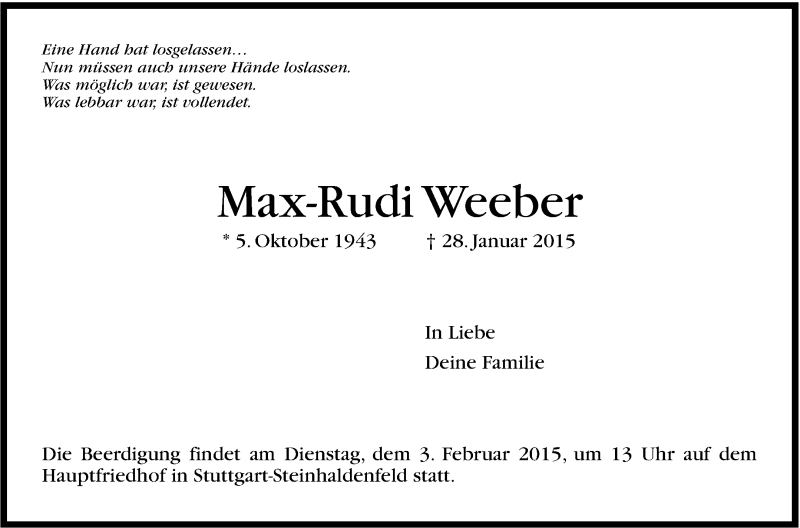  Traueranzeige für Max-Rudi Weeber vom 31.01.2015 aus Stuttgarter Zeitung / Stuttgarter Nachrichten