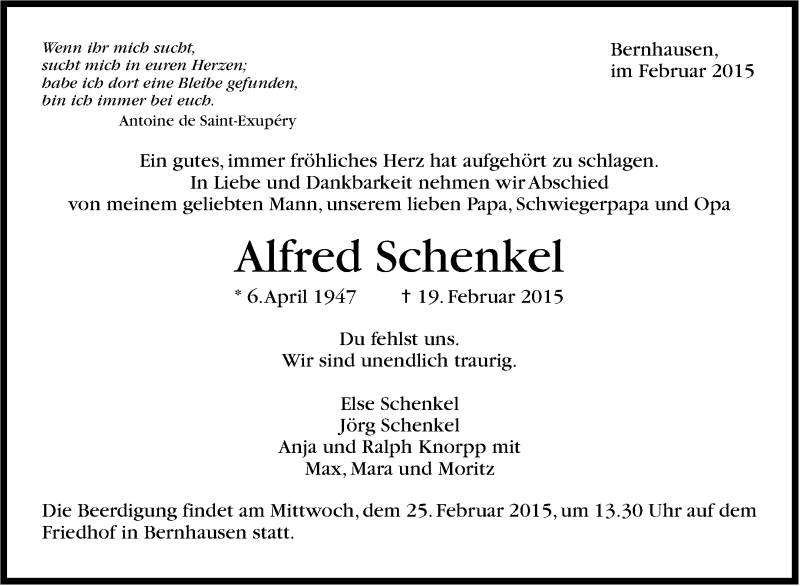  Traueranzeige für Alfred Schenkel vom 21.02.2015 aus Stuttgarter Zeitung / Stuttgarter Nachrichten