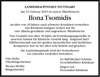 Traueranzeige von Ilona Tsomidis von Stuttgarter Zeitung / Stuttgarter Nachrichten