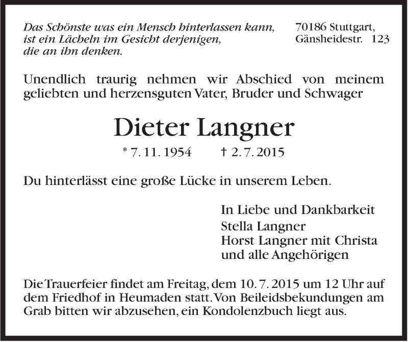  Traueranzeige für Dieter Langner vom 08.07.2015 aus Stuttgarter Zeitung / Stuttgarter Nachrichten