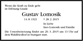 Traueranzeige von Gustav Lomosik von Stuttgarter Zeitung / Stuttgarter Nachrichten