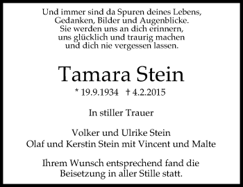 Traueranzeige von Tamara Stein von Stuttgarter Zeitung / Stuttgarter Nachrichten