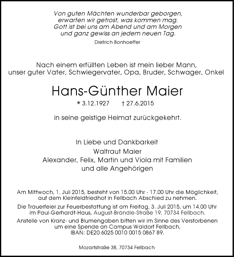  Traueranzeige für Hans-Günther Maier vom 30.06.2015 aus Stuttgarter Zeitung / Stuttgarter Nachrichten