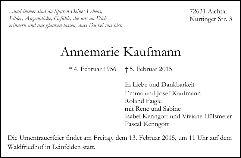  Traueranzeige für Annemarie Kaufmann vom 10.02.2015 aus Stuttgarter Zeitung / Stuttgarter Nachrichten