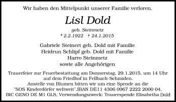 Traueranzeige von List Dold von Stuttgarter Zeitung / Stuttgarter Nachrichten