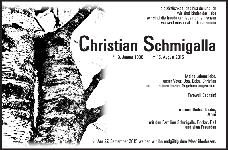  Traueranzeige für Christian Schmigalla vom 22.08.2015 aus Stuttgarter Zeitung / Stuttgarter Nachrichten