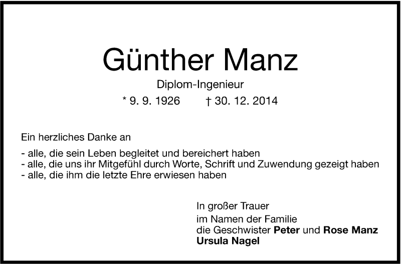  Traueranzeige für Günther Manz vom 17.01.2015 aus Stuttgarter Zeitung / Stuttgarter Nachrichten