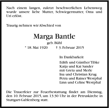Traueranzeige von Marga Bantle von Stuttgarter Zeitung / Stuttgarter Nachrichten