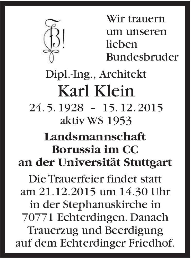  Traueranzeige für Karl Klein vom 19.12.2015 aus Stuttgarter Zeitung / Stuttgarter Nachrichten