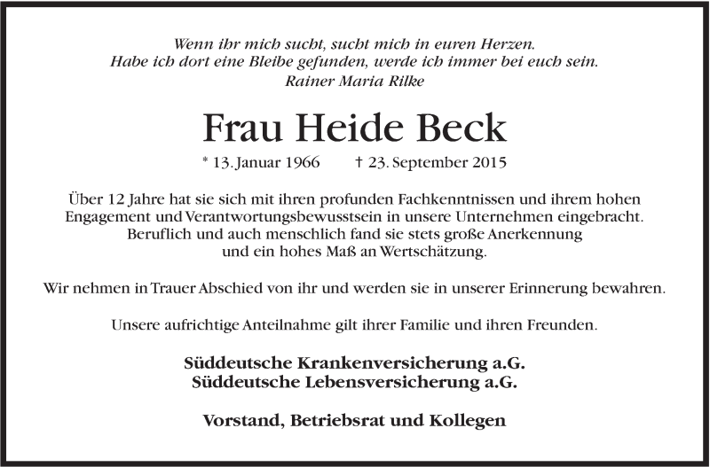  Traueranzeige für Heide Beck vom 02.10.2015 aus Stuttgarter Zeitung / Stuttgarter Nachrichten