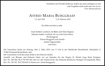 Traueranzeige von Astrid Maria Burggraef von Stuttgarter Zeitung / Stuttgarter Nachrichten