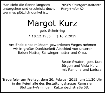 Traueranzeige von Margot Kurz von Stuttgarter Zeitung / Stuttgarter Nachrichten