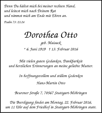 Traueranzeige von Dorothea Otto von Stuttgarter Zeitung / Stuttgarter Nachrichten