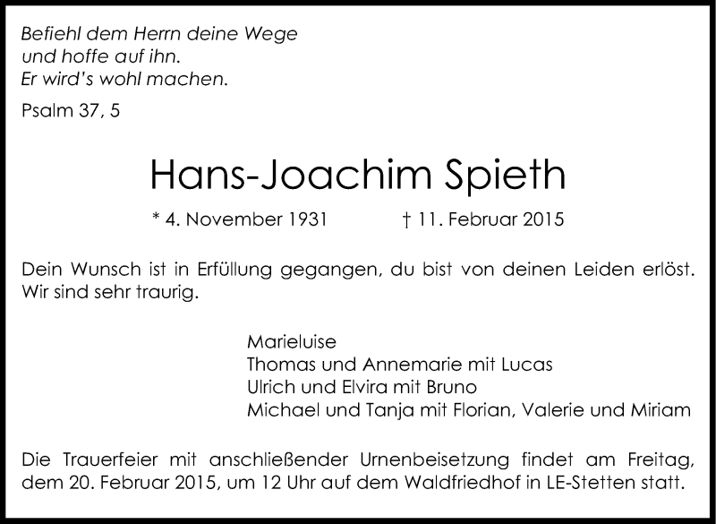  Traueranzeige für Hans-Joachim Spieth vom 18.02.2015 aus Stuttgarter Zeitung / Stuttgarter Nachrichten