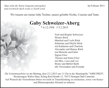 Traueranzeige von Gaby Schweizer-Aberg von Stuttgarter Zeitung / Stuttgarter Nachrichten