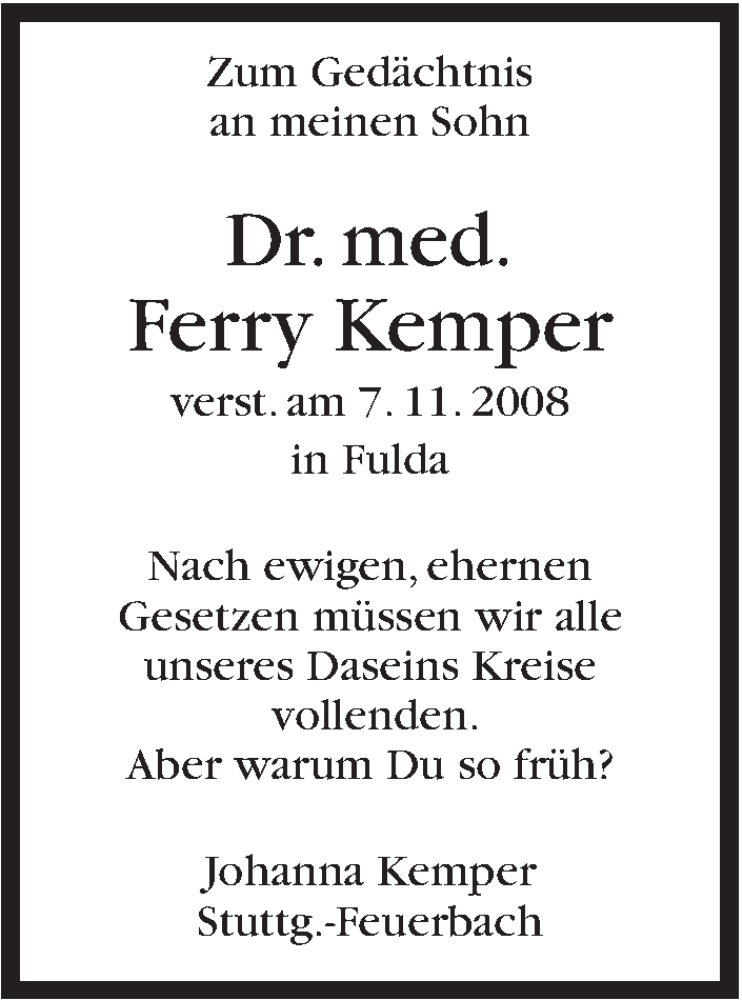  Traueranzeige für Ferry Kemper vom 06.11.2015 aus Stuttgarter Zeitung / Stuttgarter Nachrichten