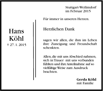 Traueranzeige von Hans Köhl von Stuttgarter Zeitung / Stuttgarter Nachrichten