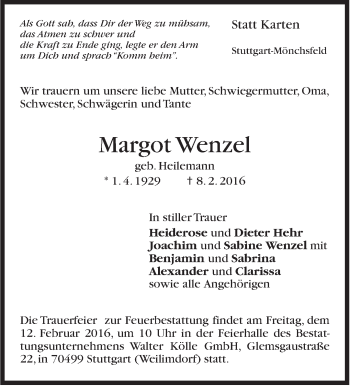 Traueranzeige von Margot Wenzel von Stuttgarter Zeitung / Stuttgarter Nachrichten