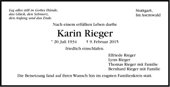 Traueranzeige von Karin Rieger von Stuttgarter Zeitung / Stuttgarter Nachrichten