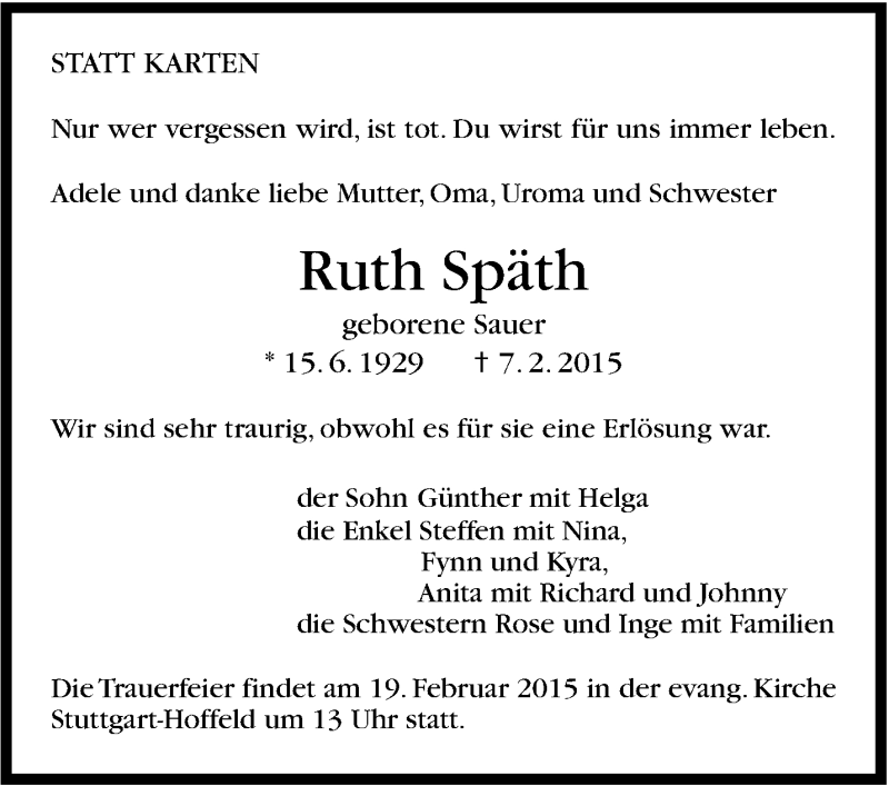  Traueranzeige für Ruth Späth vom 14.02.2015 aus Stuttgarter Zeitung / Stuttgarter Nachrichten