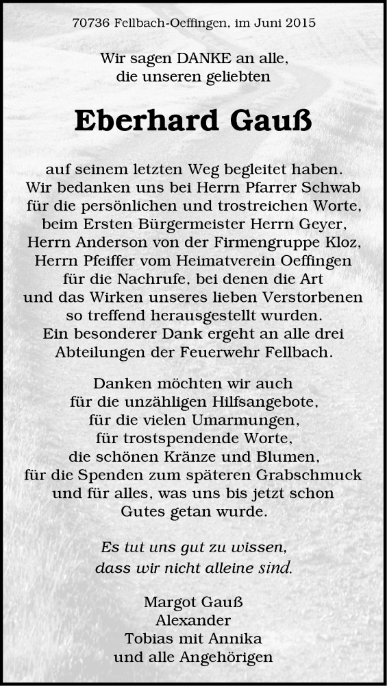  Traueranzeige für Eberhard Gauß vom 19.06.2015 aus Stuttgarter Zeitung / Stuttgarter Nachrichten