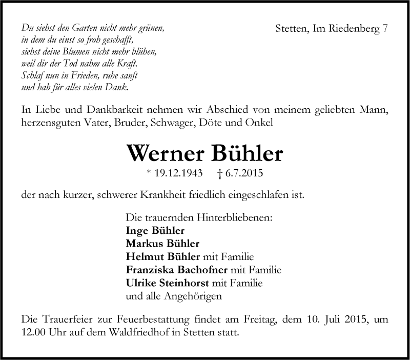  Traueranzeige für Werner Bühler vom 08.07.2015 aus Stuttgarter Zeitung / Stuttgarter Nachrichten