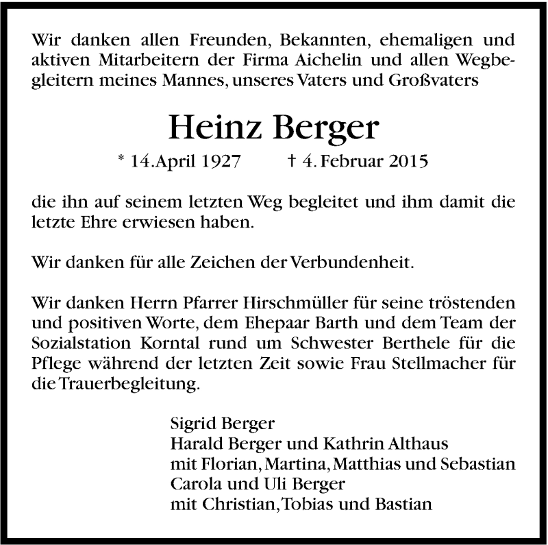  Traueranzeige für Heinz Berger vom 18.02.2015 aus Stuttgarter Zeitung / Stuttgarter Nachrichten