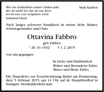 Traueranzeige von Ottavina Fabbro von Stuttgarter Zeitung / Stuttgarter Nachrichten