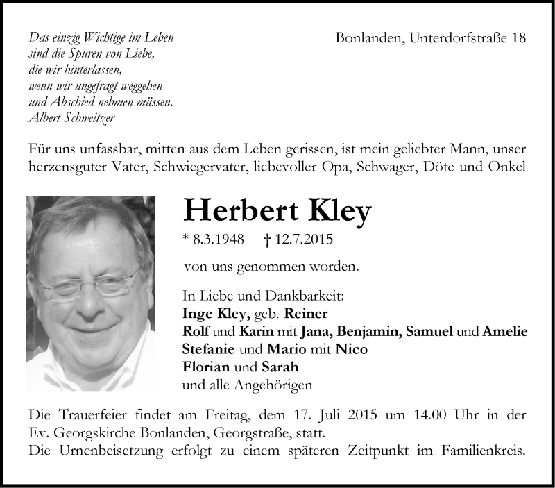  Traueranzeige für Herbert Kley vom 15.07.2015 aus Stuttgarter Zeitung / Stuttgarter Nachrichten