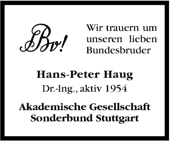 Traueranzeige von Hans-Peter Haug von Stuttgarter Zeitung / Stuttgarter Nachrichten