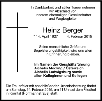 Traueranzeige von Heinz Berger von Stuttgarter Zeitung / Stuttgarter Nachrichten