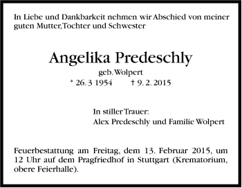 Traueranzeige von Angelika Predeschly von Stuttgarter Zeitung / Stuttgarter Nachrichten